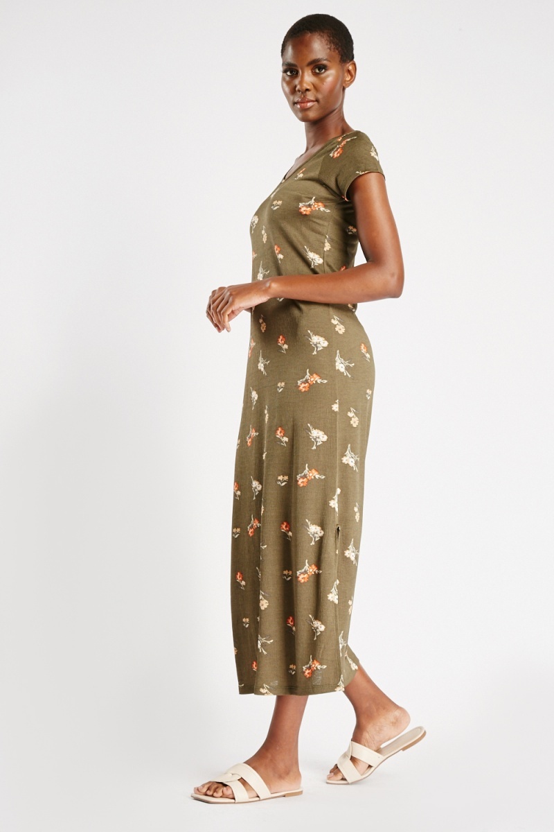 Short Sleeve Floral Dress - Olive/Multi - Just $7