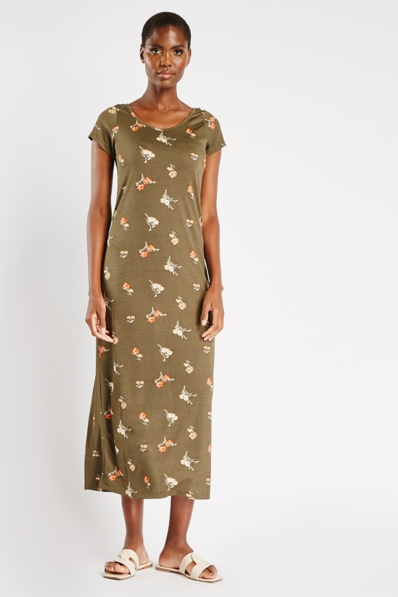 Short Sleeve Floral Dress - Olive/Multi - Just $7