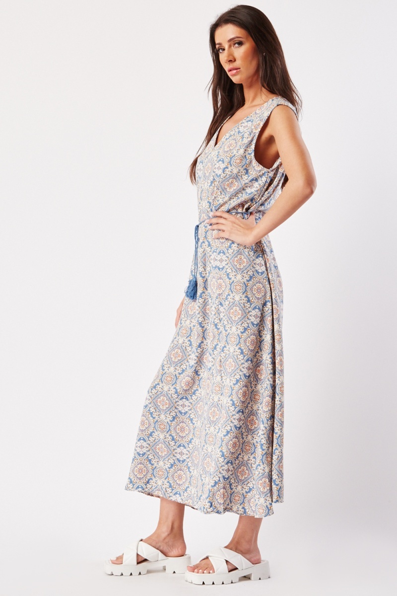 Tassel Tie Up Printed Maxi Dress - Beige/Blue/Red or Blue/Camel/Pink ...