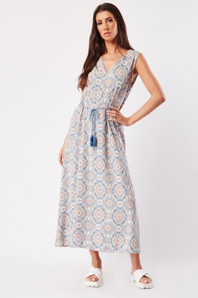 Tassel Tie Up Printed Maxi Dress - Beige/Blue/Red or Blue/Camel/Pink ...