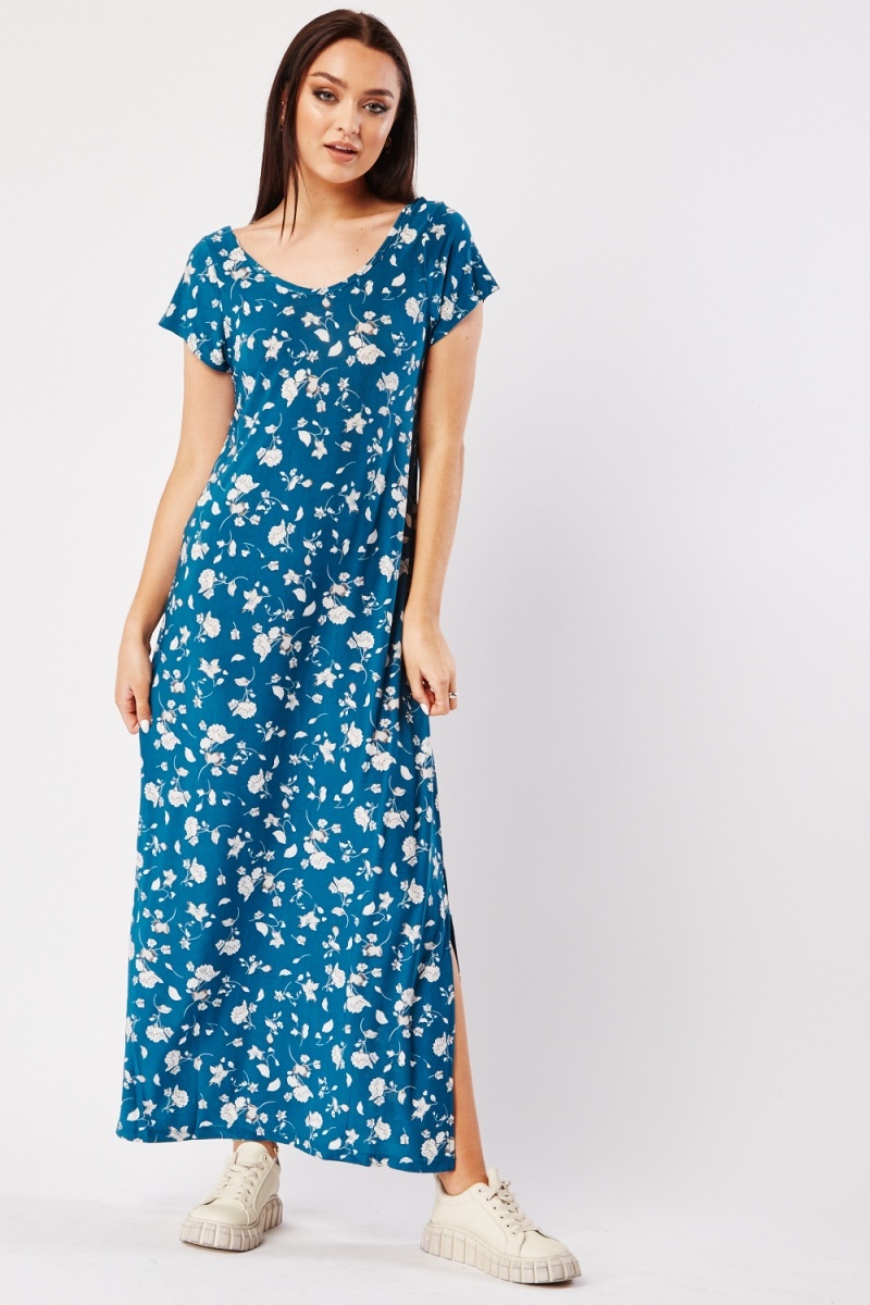 Floral Side Slit Maxi Dress - Teal/Multi - Just $7