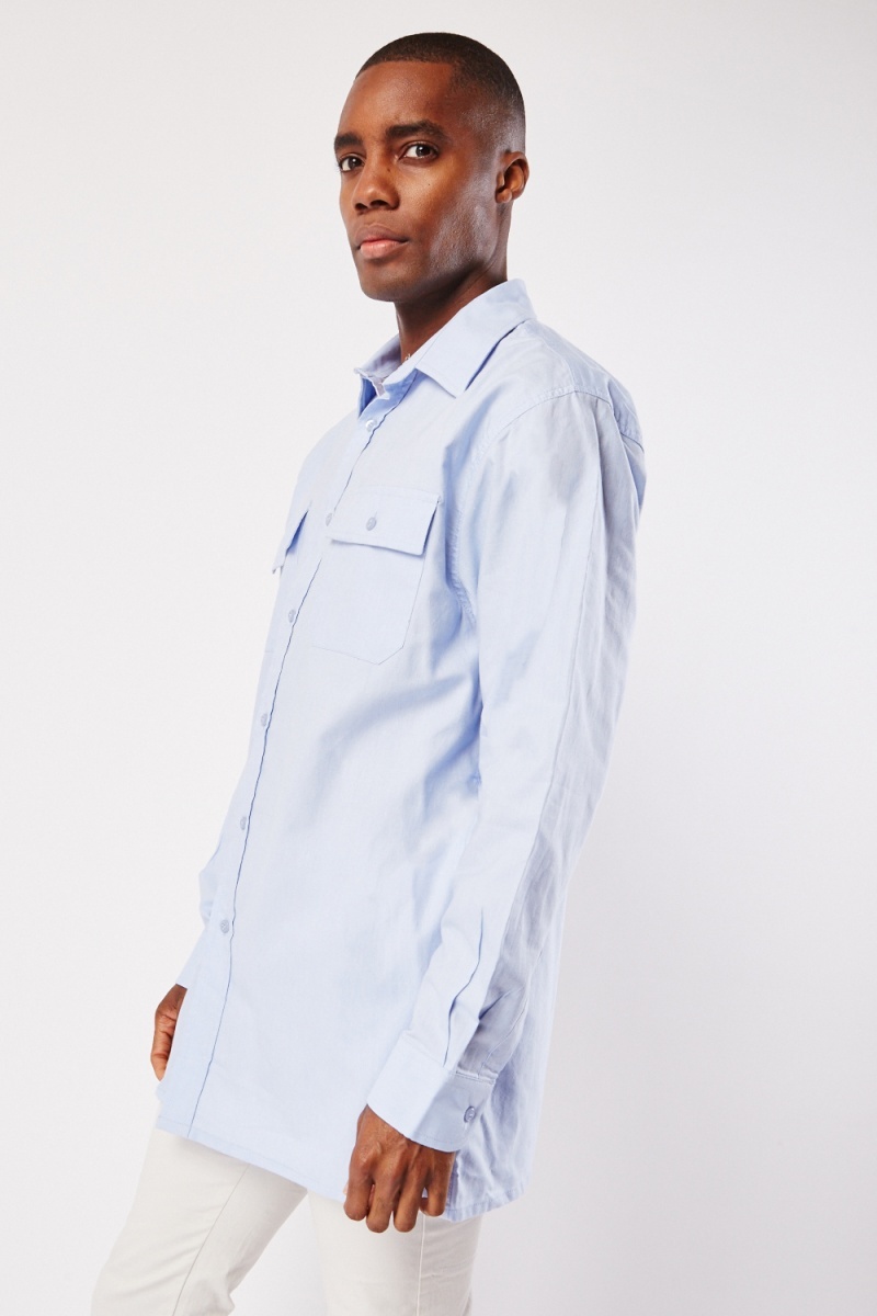 Pocket Flaps Front Cotton Shirt - Blue - Just $6