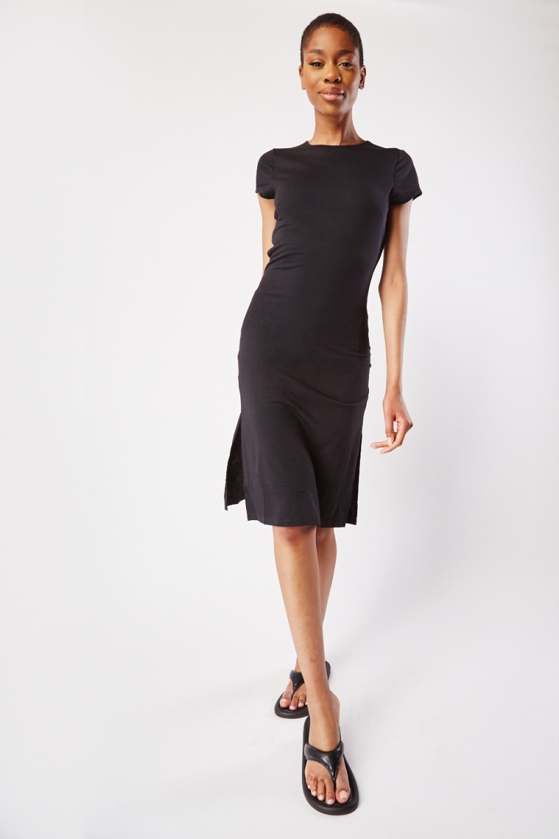 Short Sleeve Casual Midi Dress - Black - Just $7