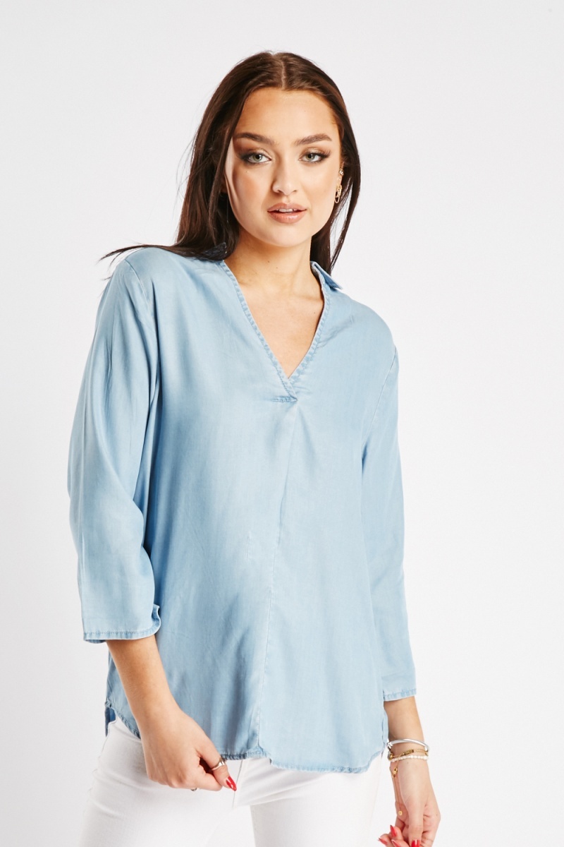 Johnny Collared Blouse - Light Blue - Just $7