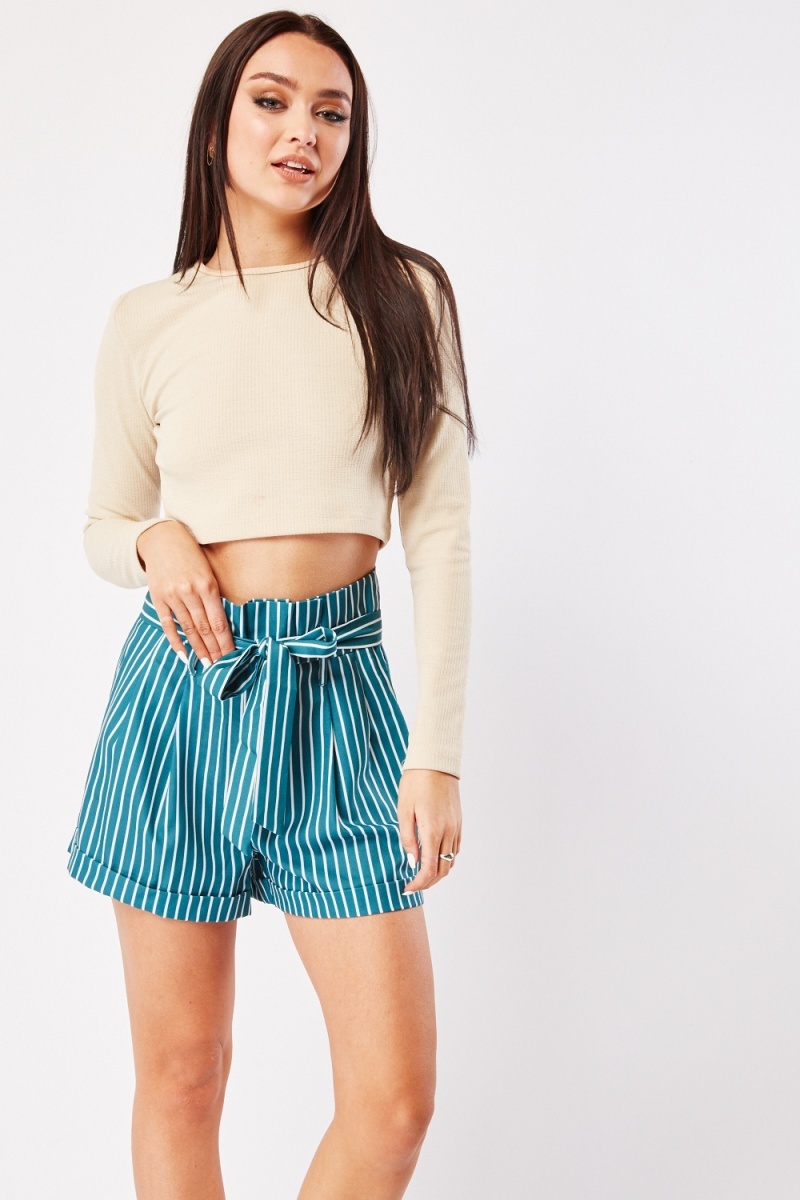 Pinstriped Paperbag Waist Shorts - Green/White - Just $3