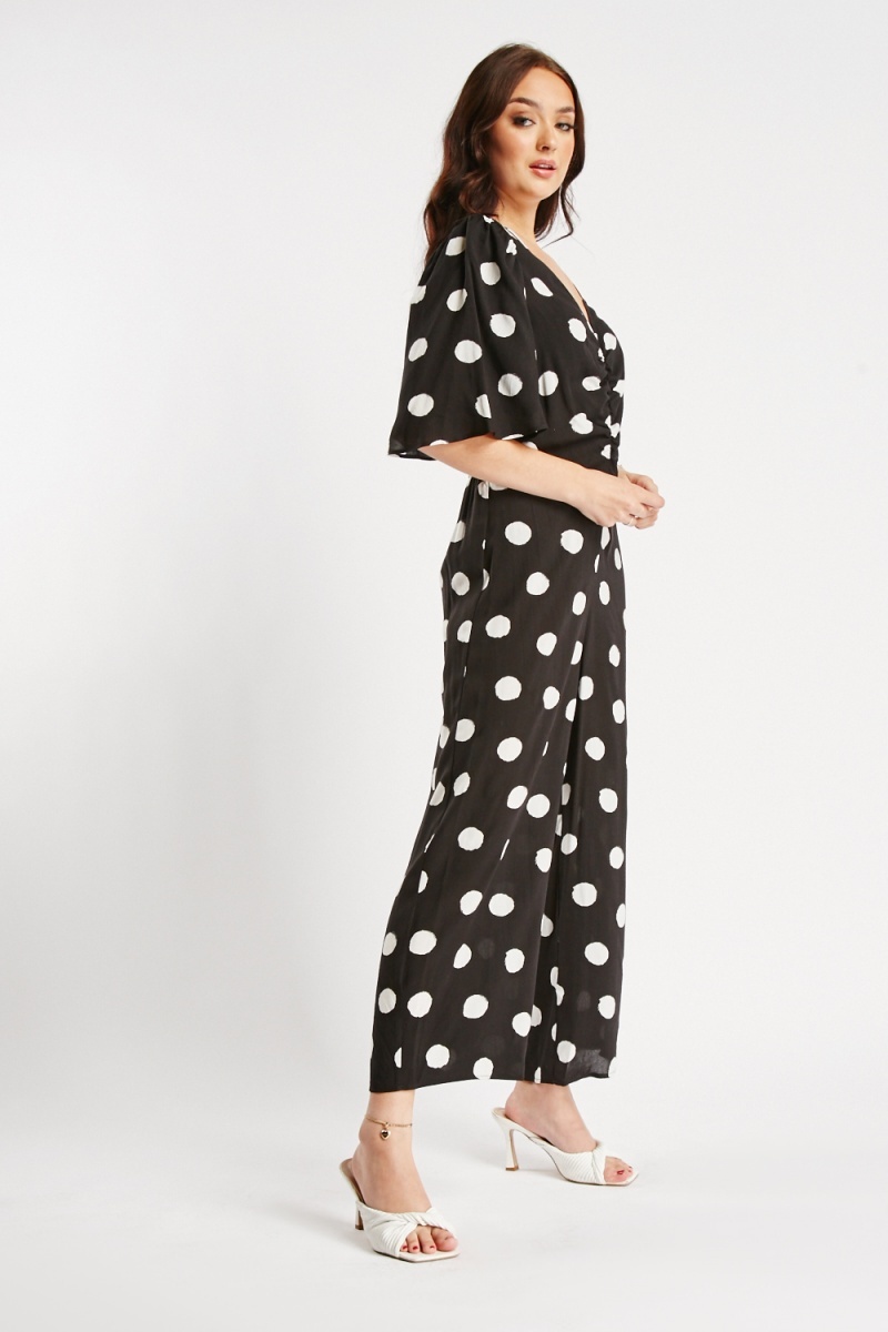 Flared Short Sleeve Polka Dot Jumpsuit - Black/White - Just $7