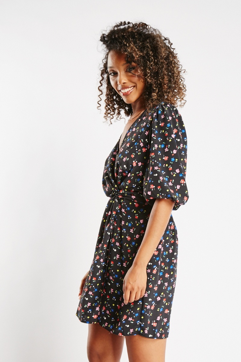 Calico Floral Knotted Tea Dress - Black/Multi - Just $3