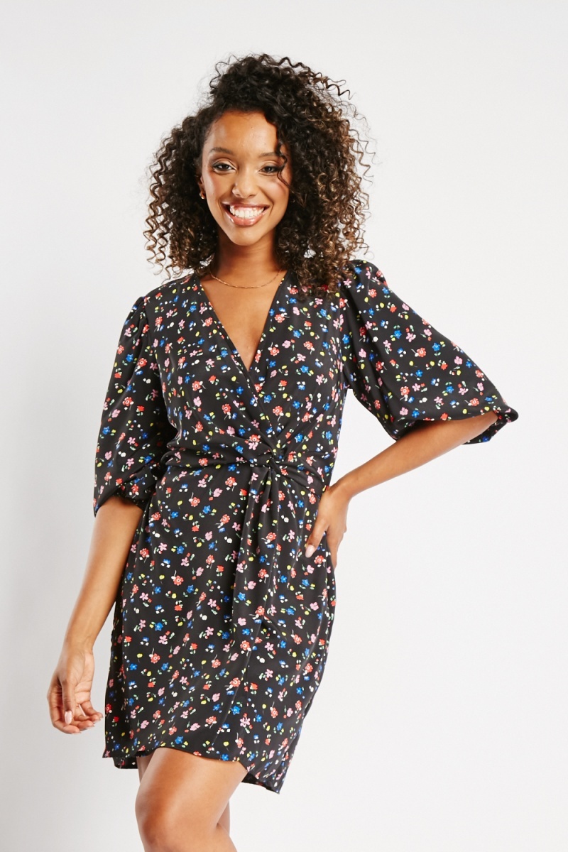 Calico Floral Knotted Tea Dress - Black/Multi - Just $7