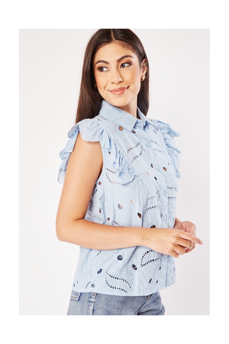 Ruffle Sleeve Broderie Top - Blue - Just $7