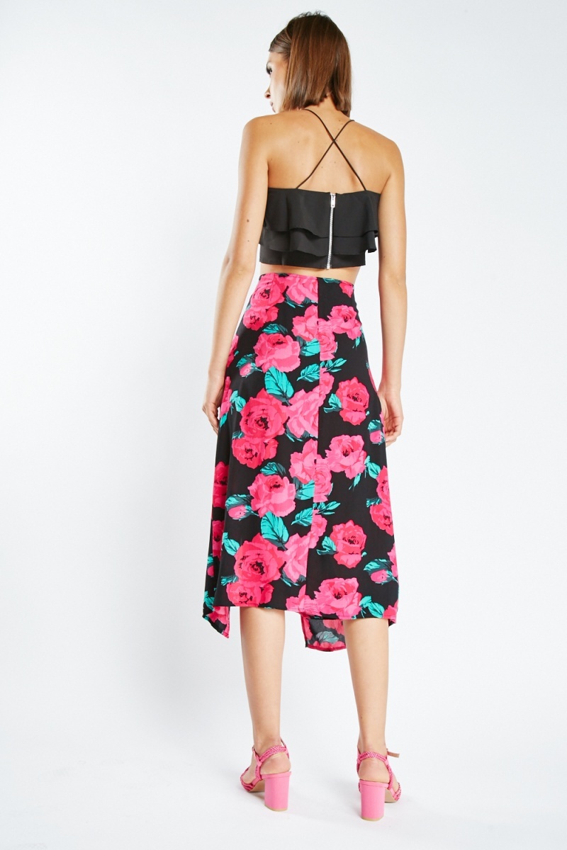 Rose Print Midi Skirt - Black/Multi - Just $3