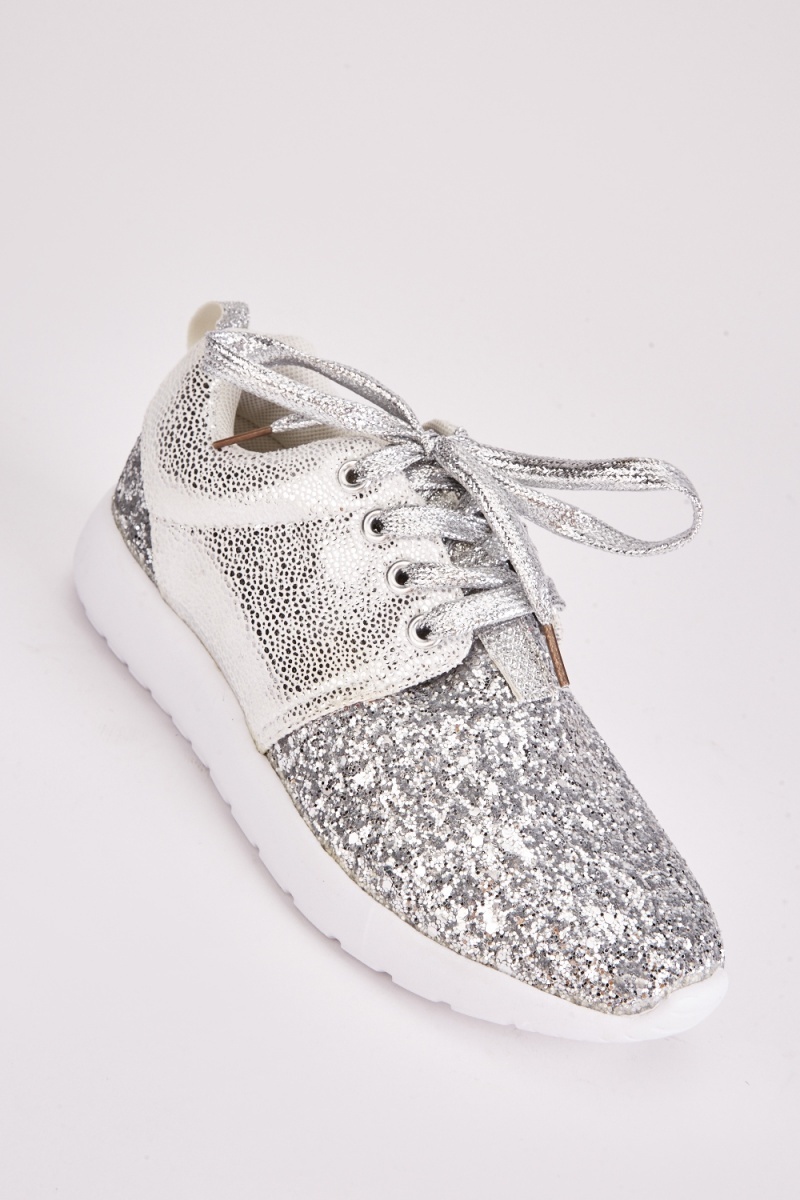 Glitter Overlay Lace Up Trainers - Silver - Just $7