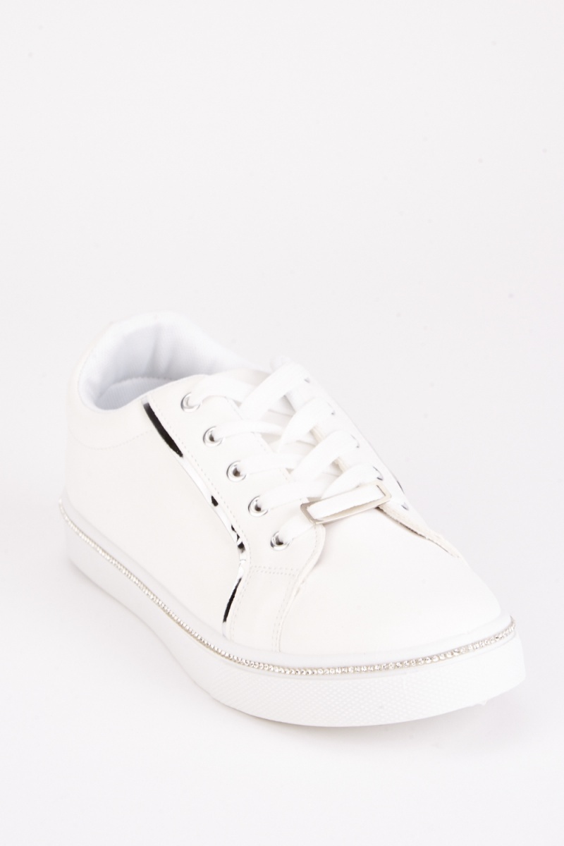 Encrusted Trim Lace Up Sneakers - White Pu - Just $7