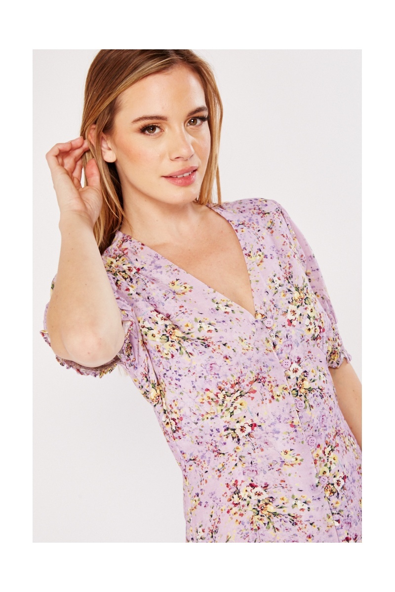 Floral Puff Short Sleeve Maxi Dress - Lilac/Multi - Just $9