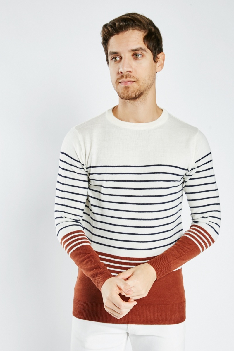 Striped Panel Knitted Mens Jumper - White/Multi - Just $7