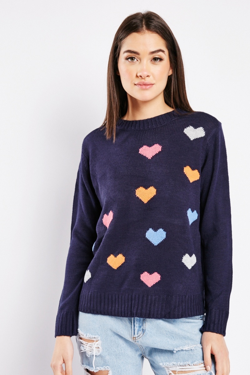 Multi Coloured Heart Knit Jumper - Navy/Multi - Just $7