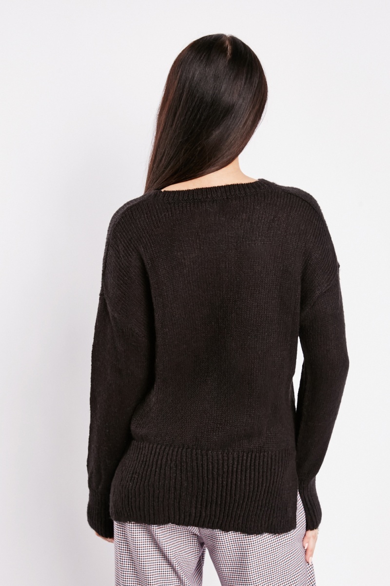 Plain Knitted Dip Hem Jumper - Black - Just $7