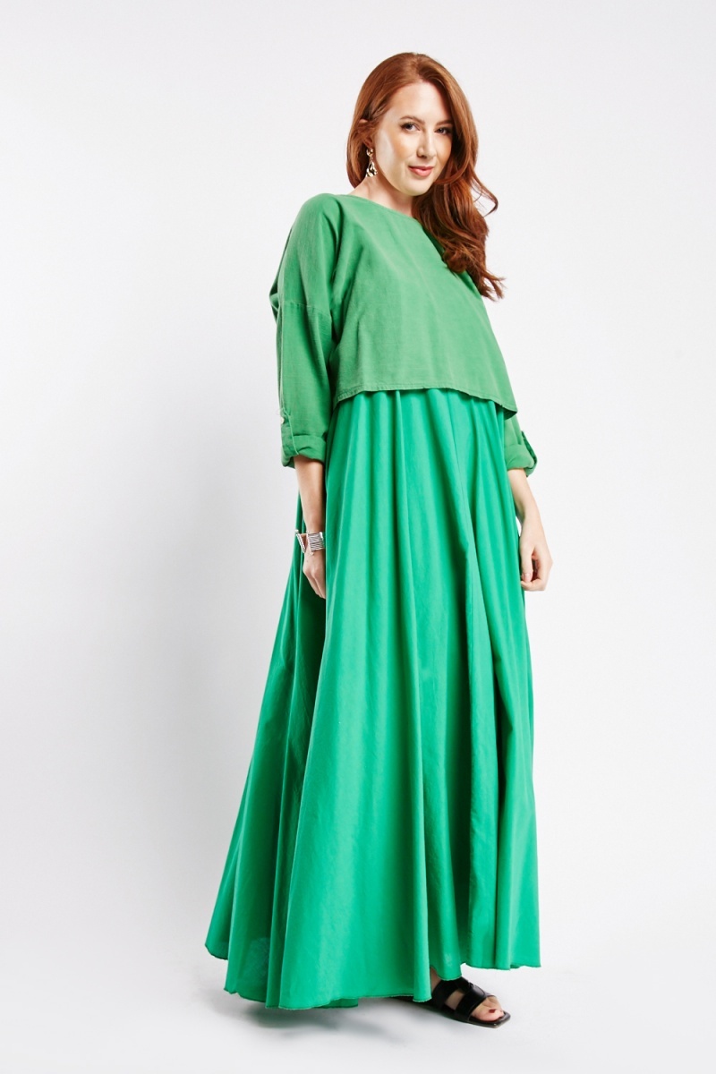 Cotton Top Overlay And Maxi Dress Set - Green or Light Green - Just $12