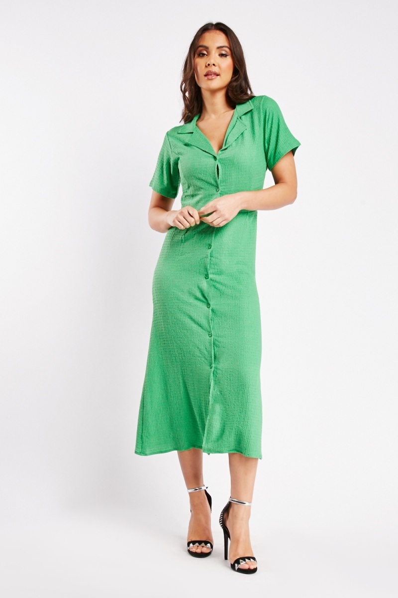 Lapel Collar Crinkle Dress - Green - Just $7