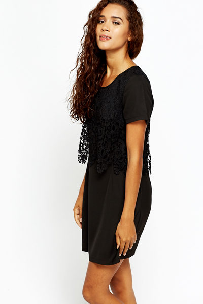 Black Crochet Overlay Shift Dress - Just $7