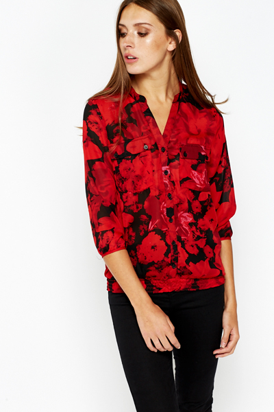 Red Floral Casual Blouse - Just $7