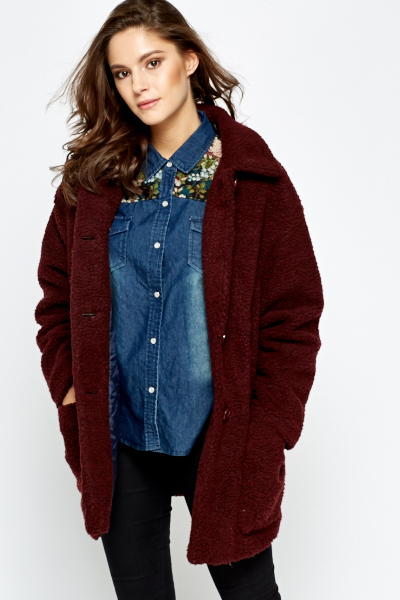 burgundy long teddy coat