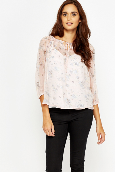Floral Sheer Overlay Blouse - Just $7