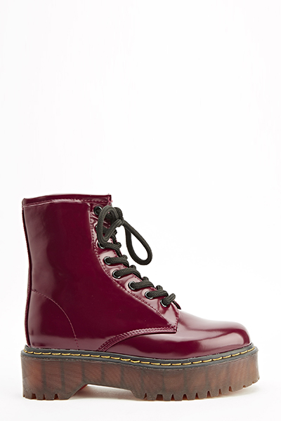 Burgundy Chunky Lace Up Boots - Just $6