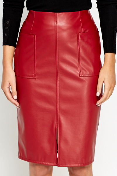 Split Front Red Faux Leather Skirt - Just $7