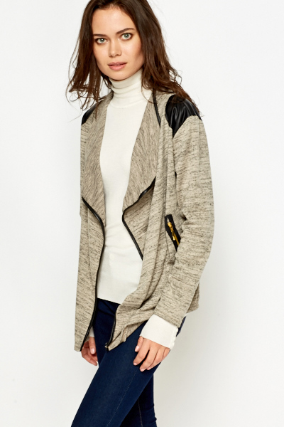 Faux Leather Insert Waterfall Cardigan - Just $7