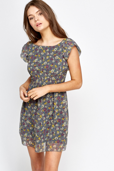 Grey Floral Frill Dress - Just $7