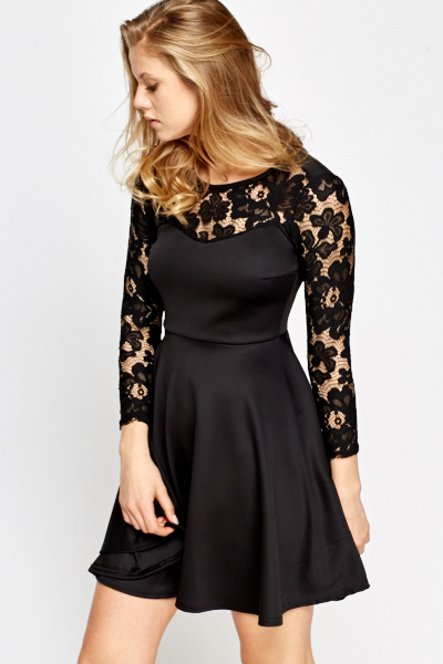 Lace Sleeve Black Skater Dress - Just $6