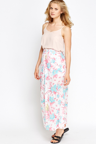 White Multi Floral Maxi Skirt - Just