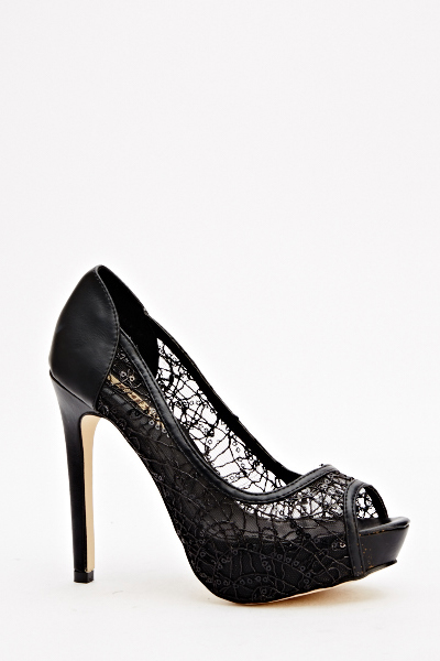 Black Lace Peep Toe Heels - Just $6