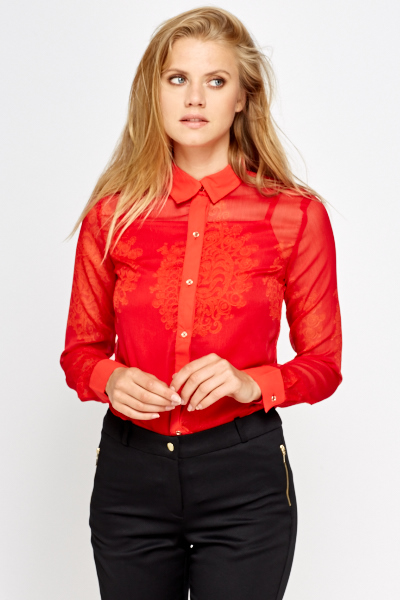 red sheer button up blouse