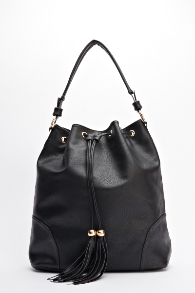 large black leather bucket bag