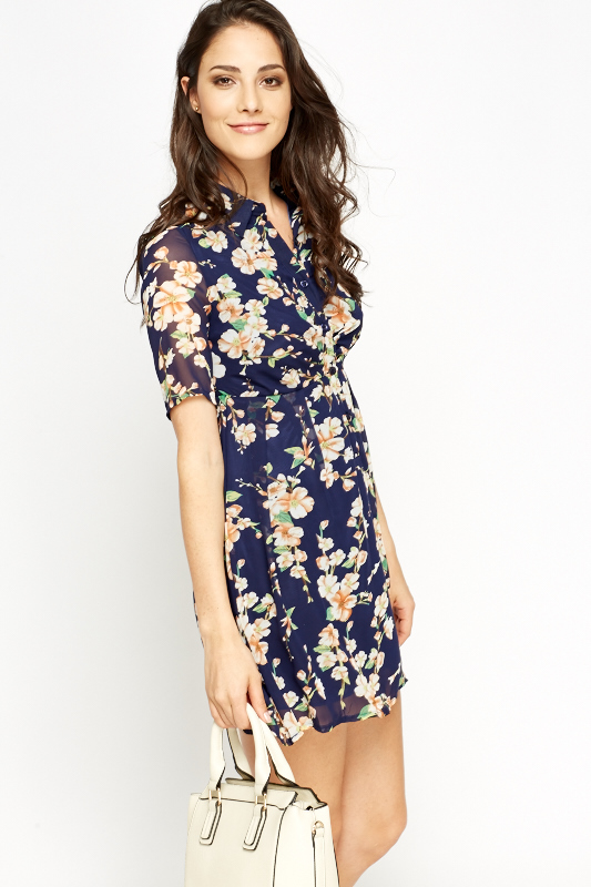 Blue Floral Sheer Overlay Dress - Just $6