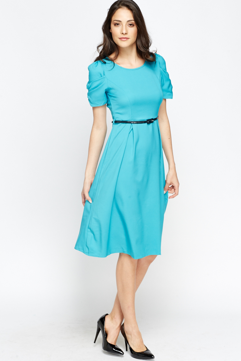 Ruched Sleeve Belted Midi Dress - Just $7