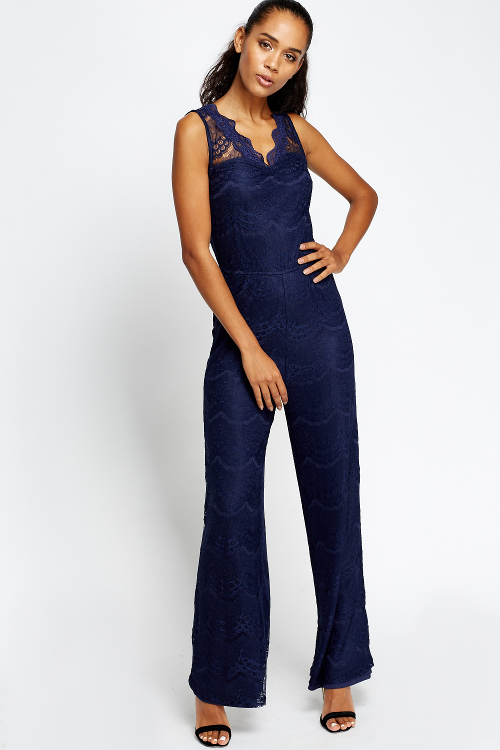 Sweetheart Lace Overlay Navy Jumpsuit - Just $6