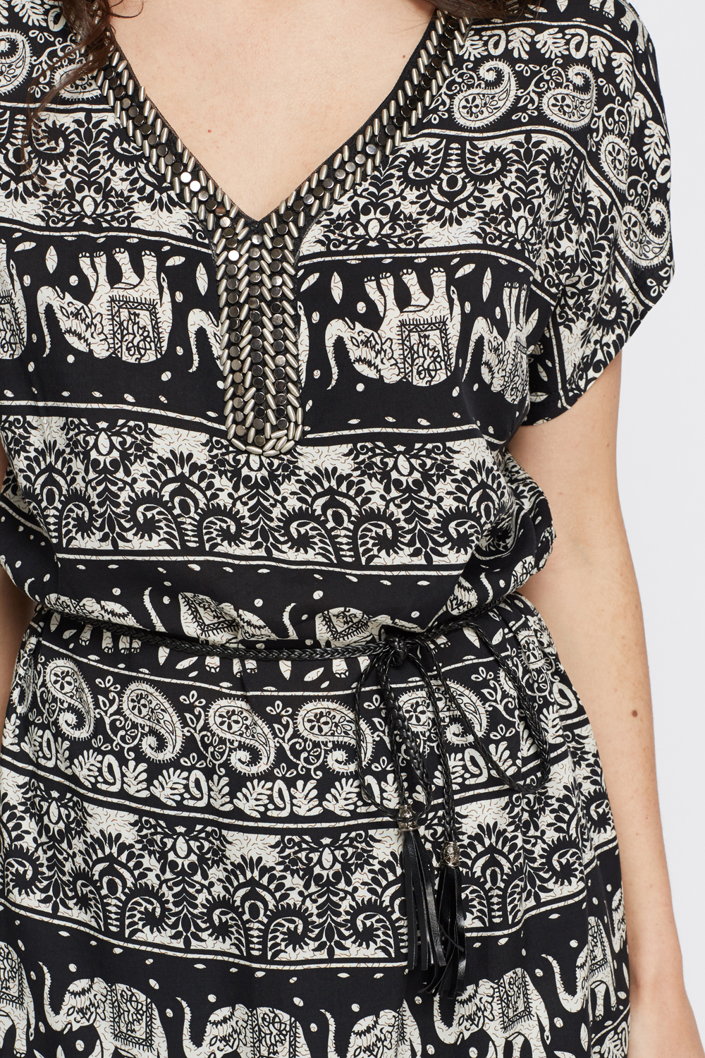 Embellished Neck Elephant Print Tunic Dress - Just $7