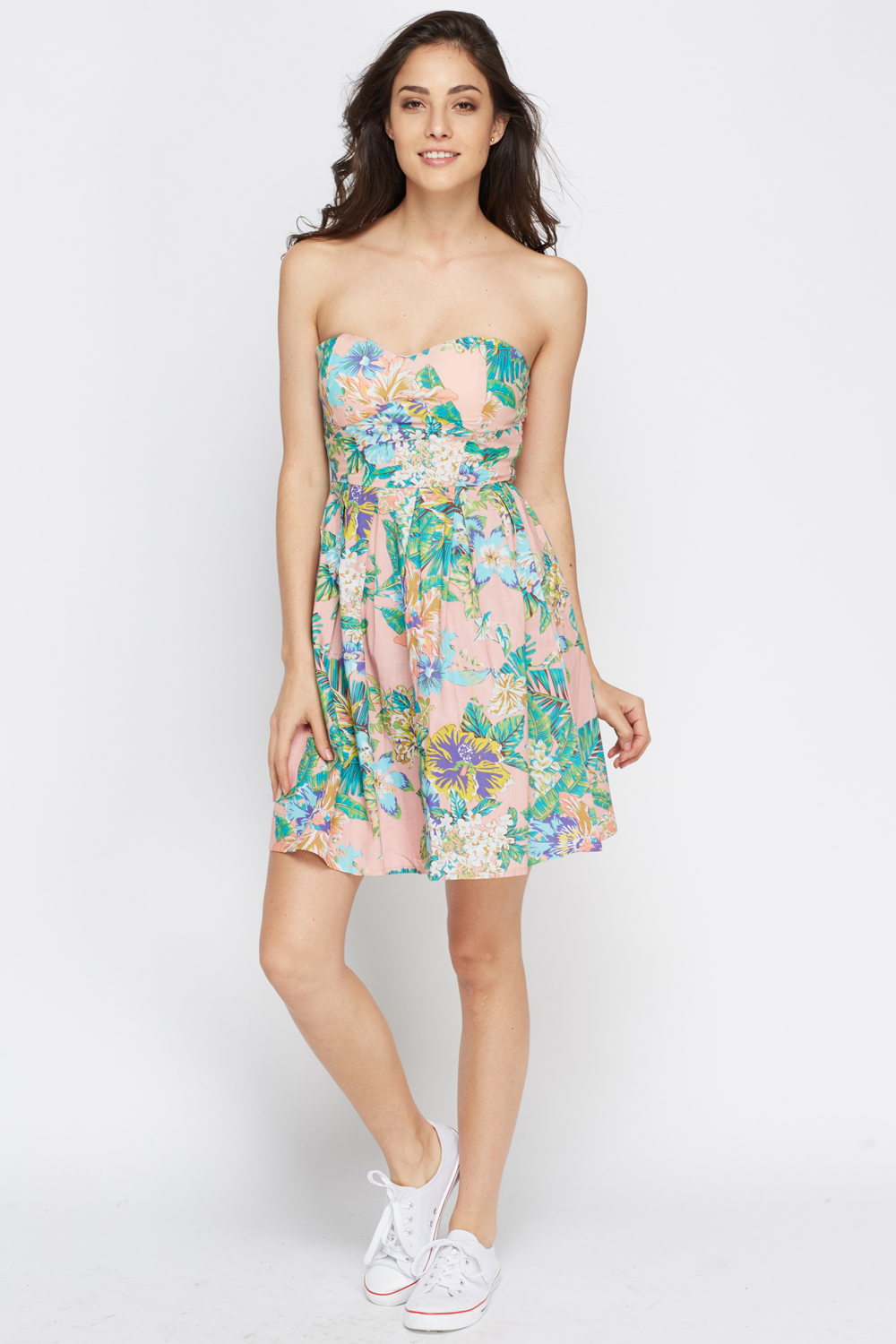 Pink Wild Floral Bandeau Pleated Dress - Just $7