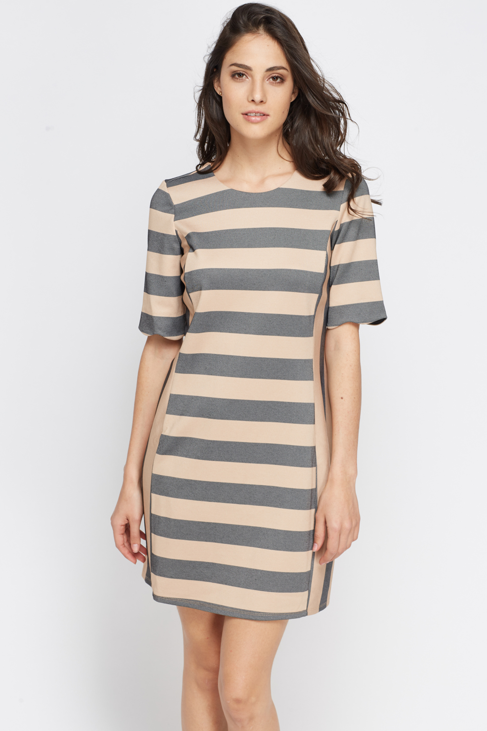 Beige Striped Fitted Dress - Just $7