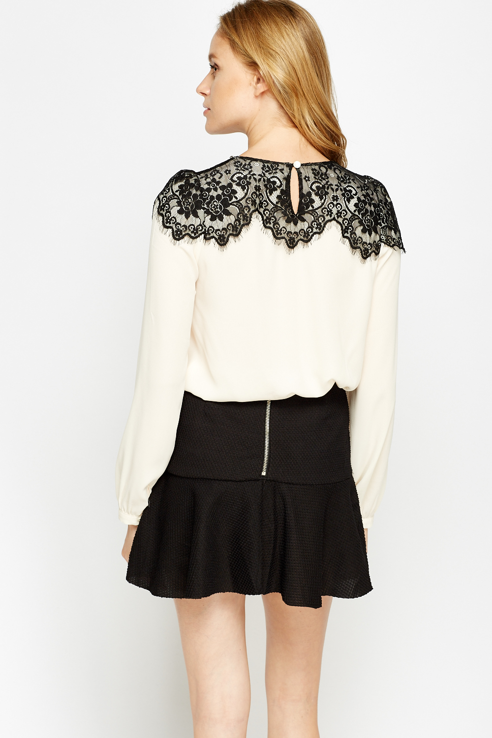 Lace Panel Embellished Cream Blouse - Just $6