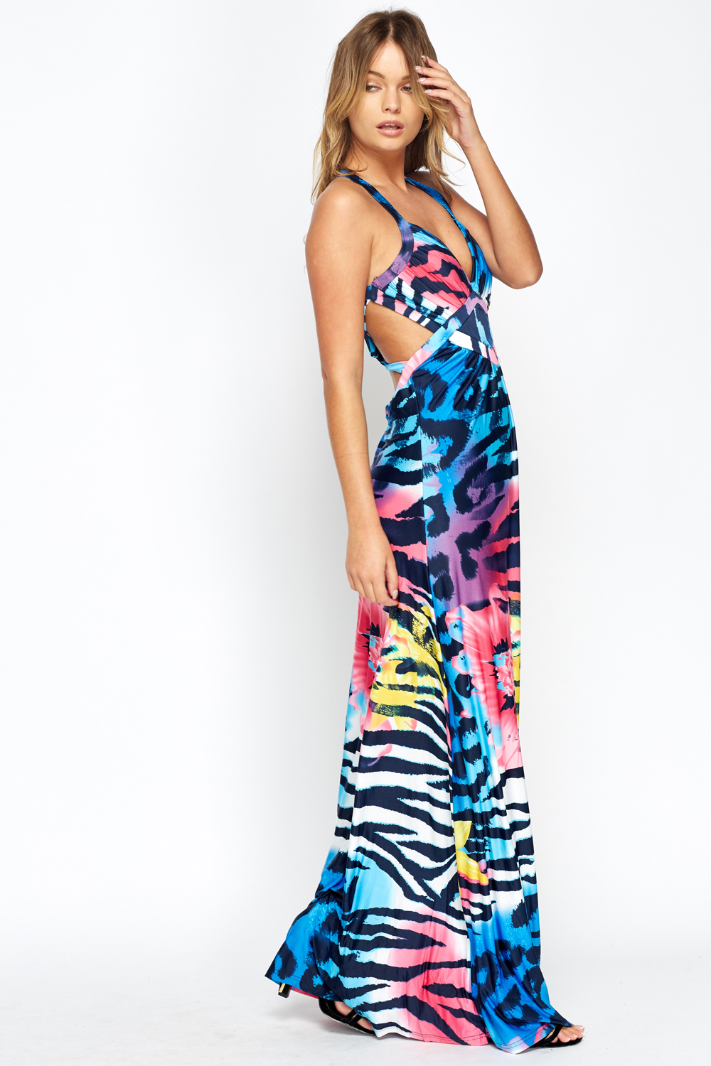 Multi Strape Back Printed Maxi Dress - Just $7