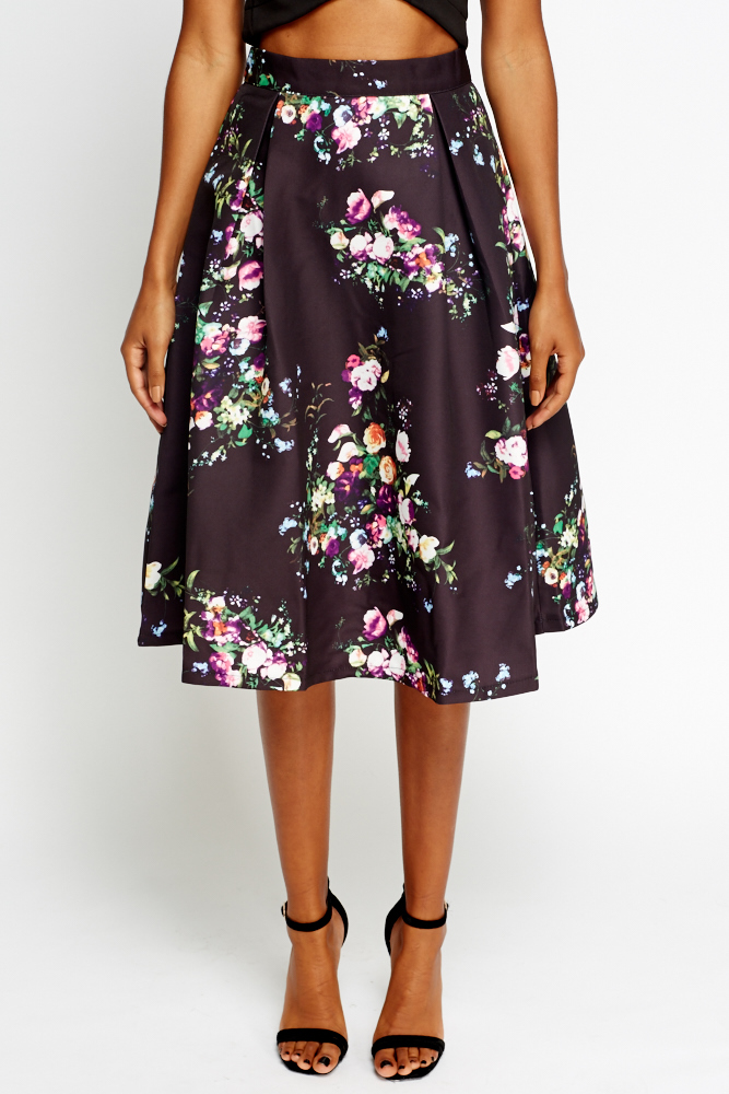 Flower Printed High Waisted Skater Skirt - Just $7