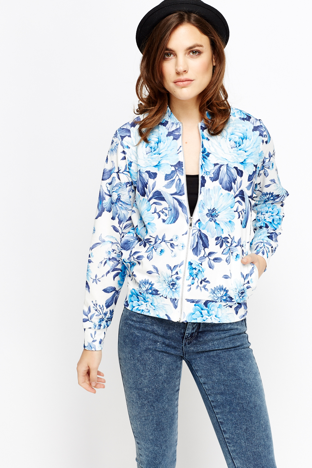 Blue Floral Thin Bomber Jacket - Just $7