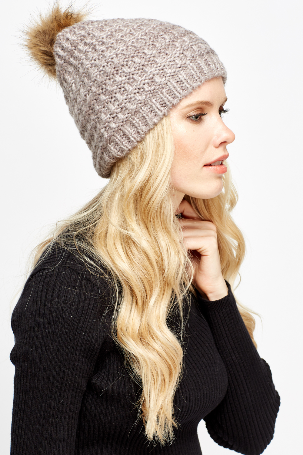 Knit Faux Fur Pom Pom Beanie Hat Just 7