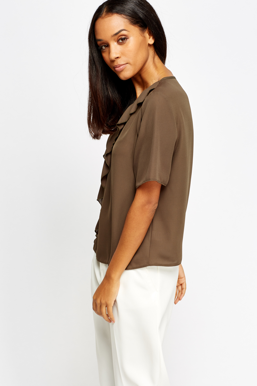 Ruffle Front Top - Olive - Just $6