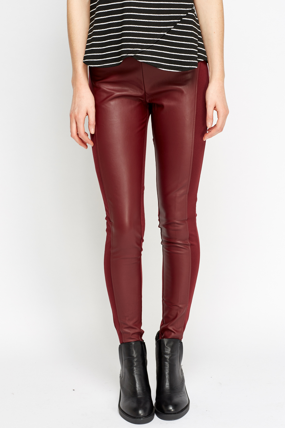 Faux Leather Contrast Wine Leggings - Just $4