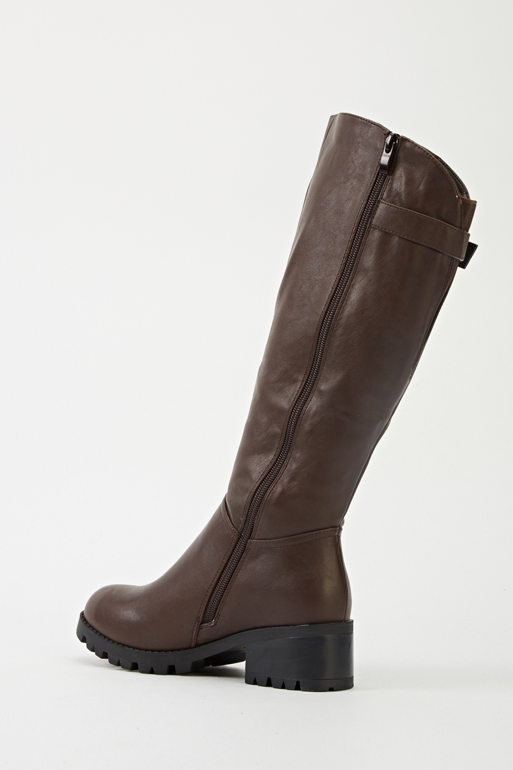 Brown Faux Leather Buckle Knee High Boots - Just $7