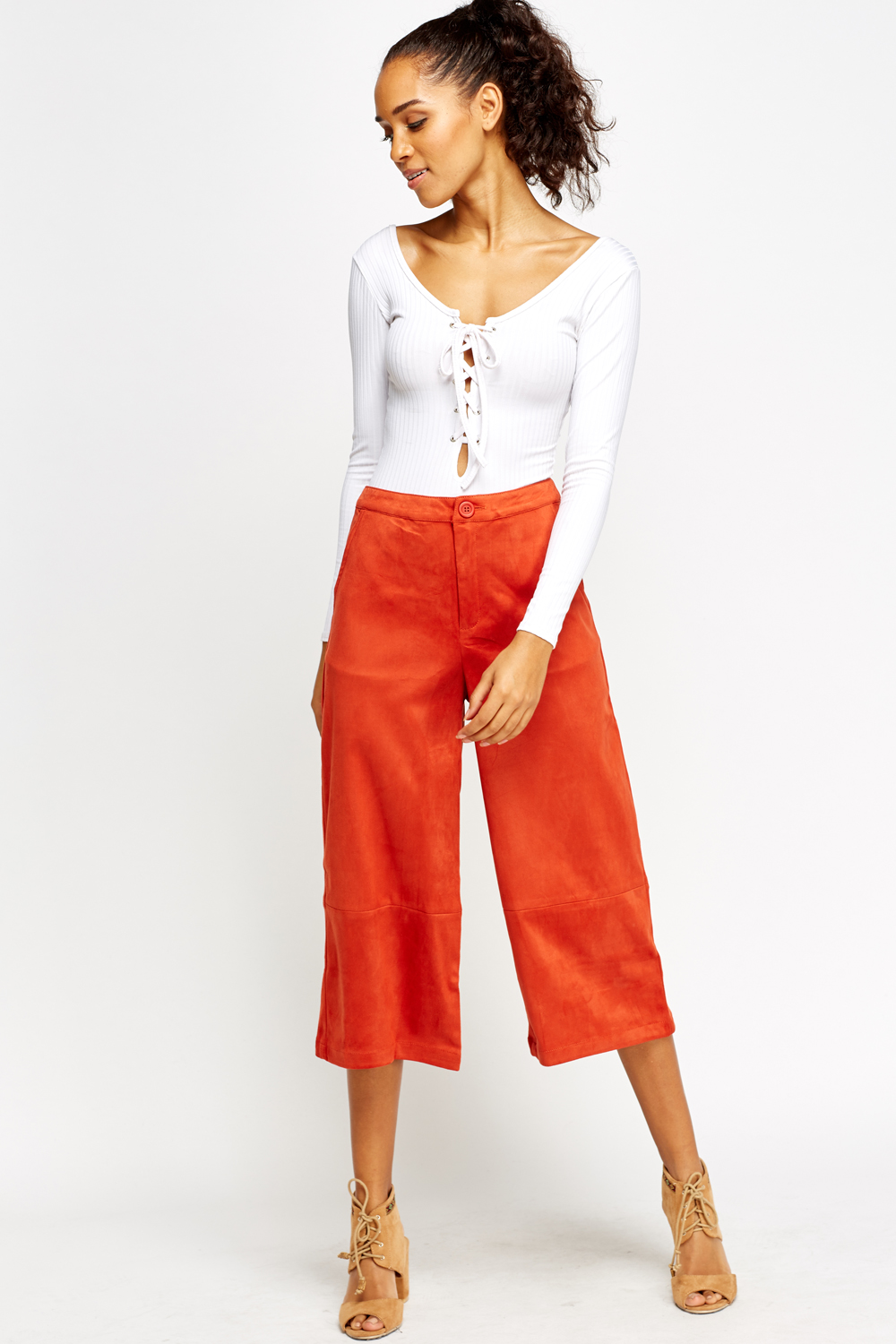 Suedette Cropped Wide Leg Trousers - Just $7